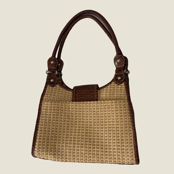 Vintage Leather & Woven Straw Satchel Handbag Croc Trim Engraved Hardware - Picture 2 of 7